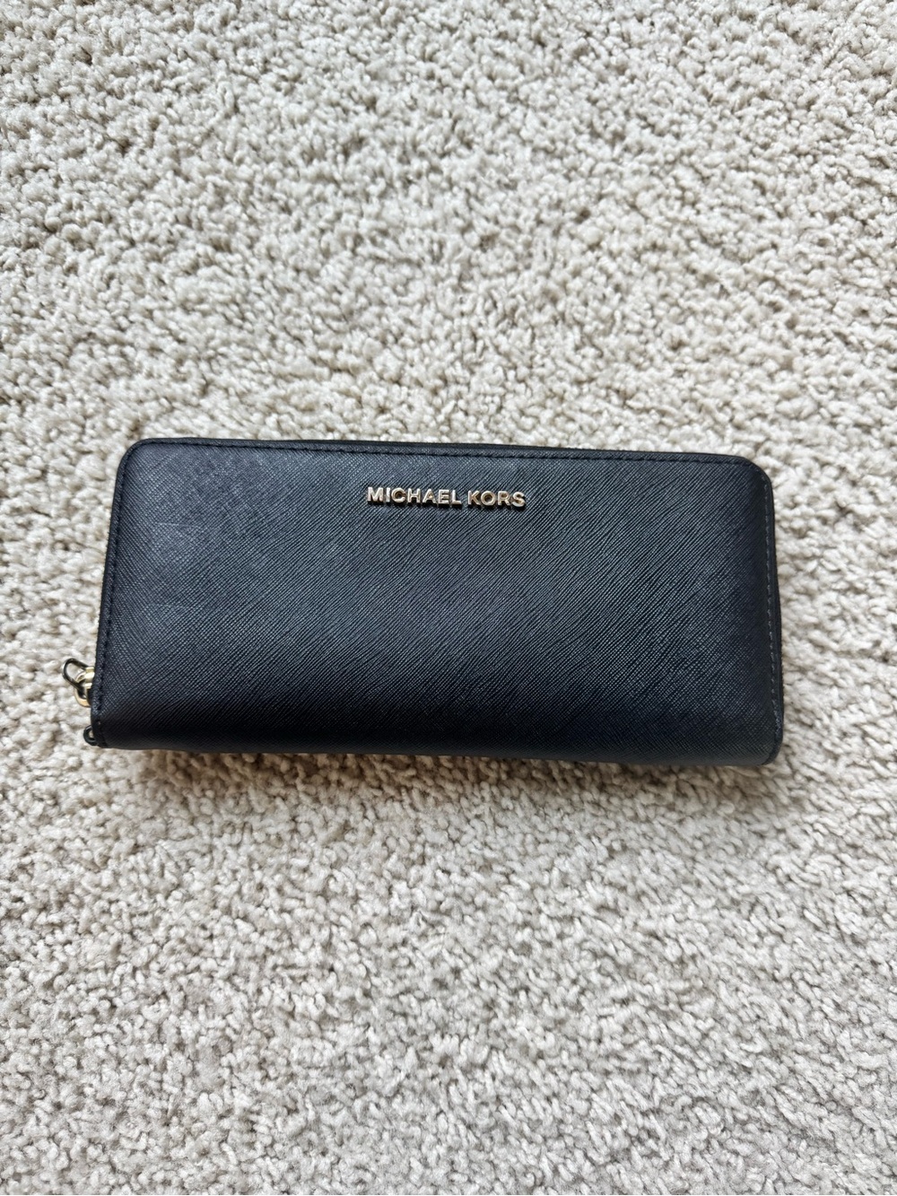 Michael Kors Black Leather Zip Wallet with Gold Logo